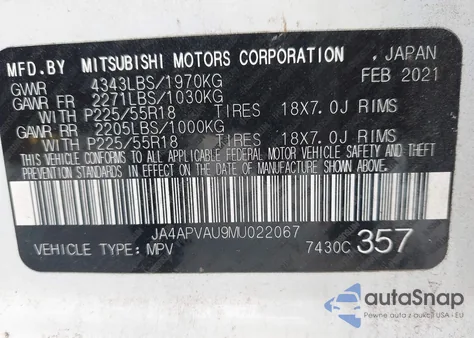 2021 Mitsubishi Outlander Sport 2.0 Se 2Wd from USA, damaged, VIN JA4APVAU9MU022067
